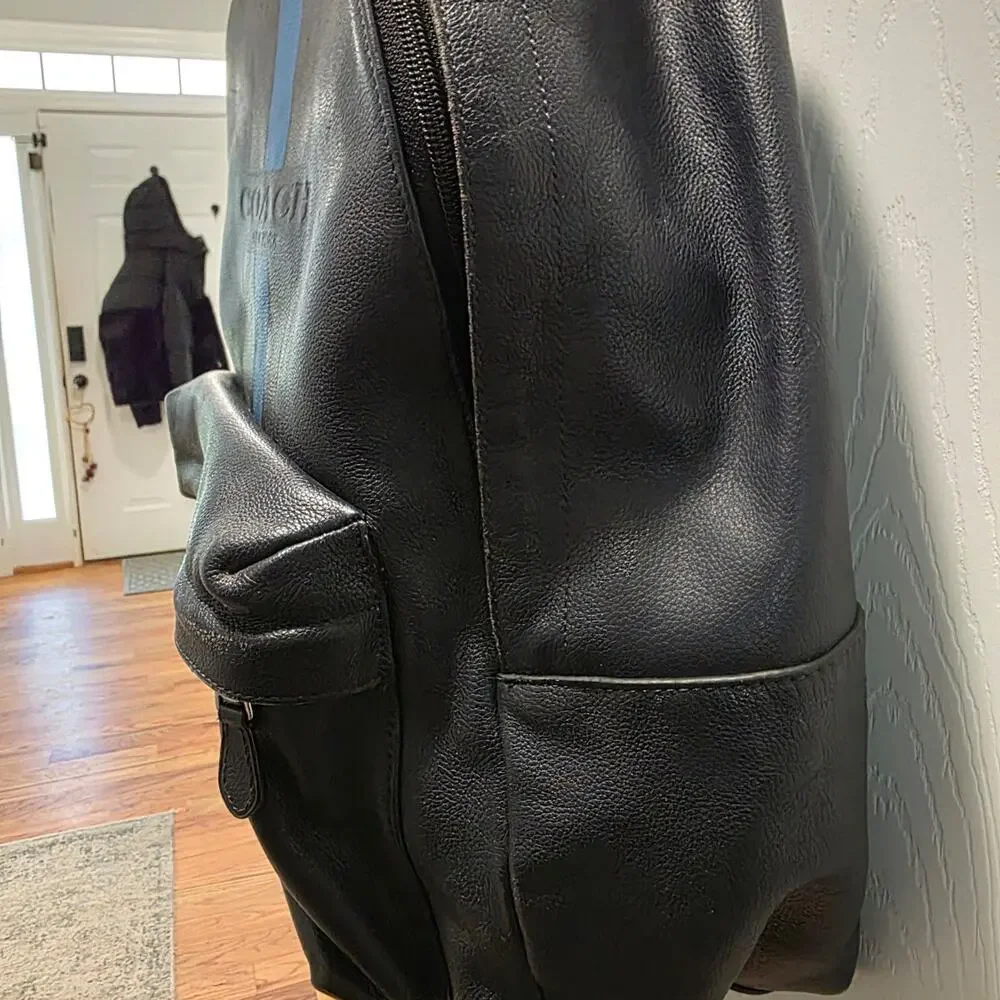 Coach Charles Backpack Pebble Leather Midnight Navy Varsity Stripe